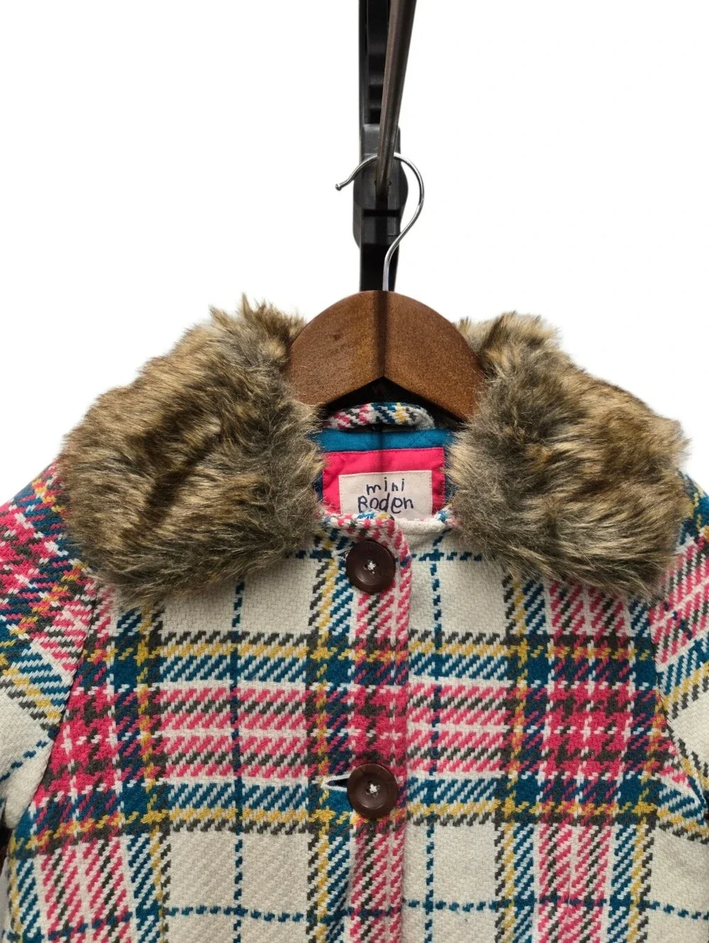 Mini Boden Plaid Fur Collar Pea Coat Size 7-8 Years